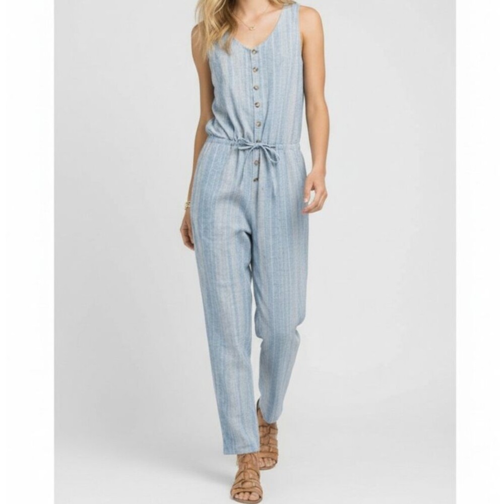 Prana Wayfarer Jumpsuit Women Large Blue Pinstripe Hemp Cotton Waist Tie Romper
